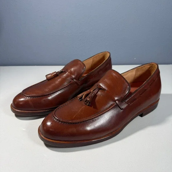 Elanroman Mens Brown Leather Tassel Loafers Apron Toe Shoes Size 46(12.5-13)
